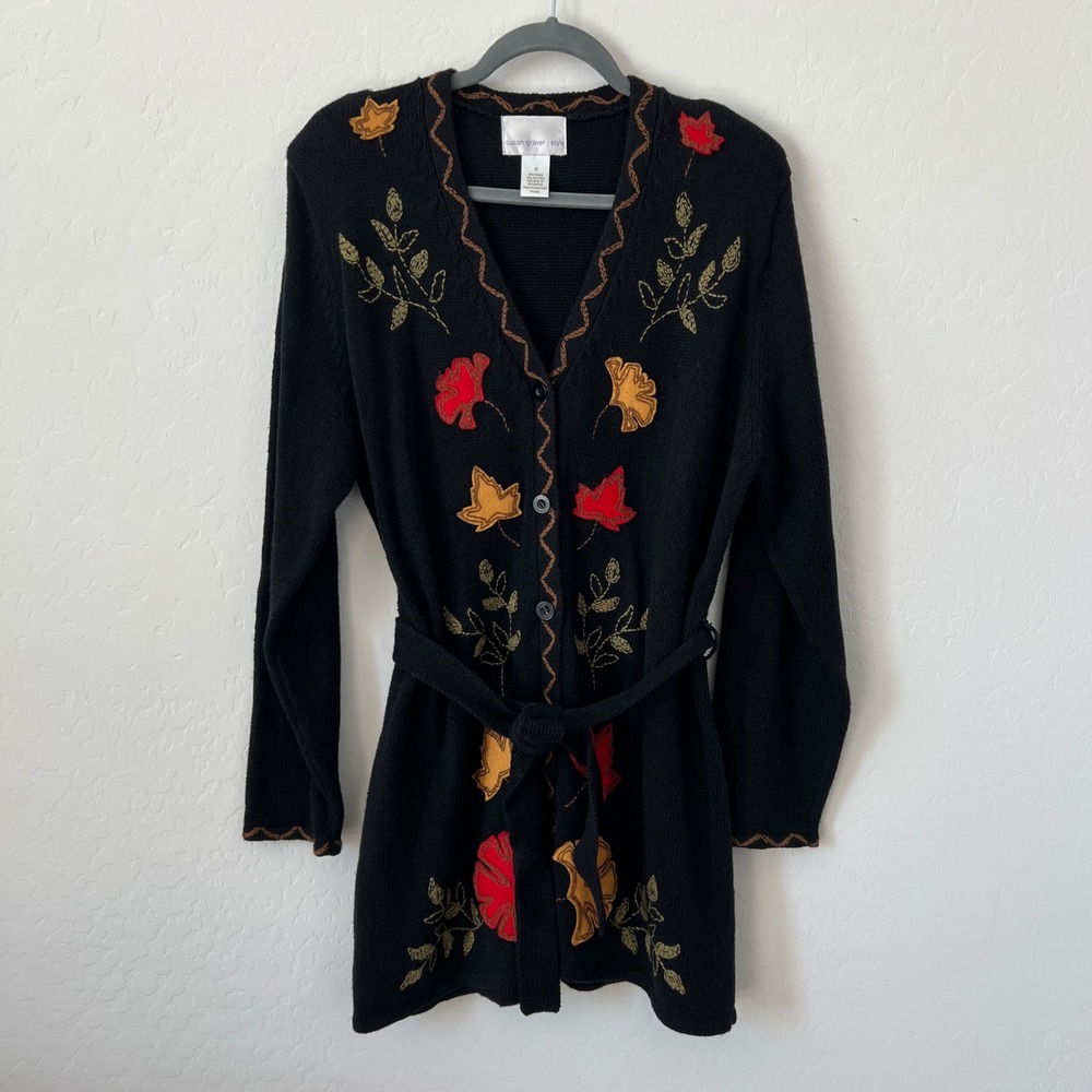 Susan Graver Cardigan Women Black Embroidered Fall Leaf Belted Sweater vintage